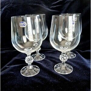 Bohemia Crystal Wine Goblets Set of 4 • Czech Faceted Stem Glasses